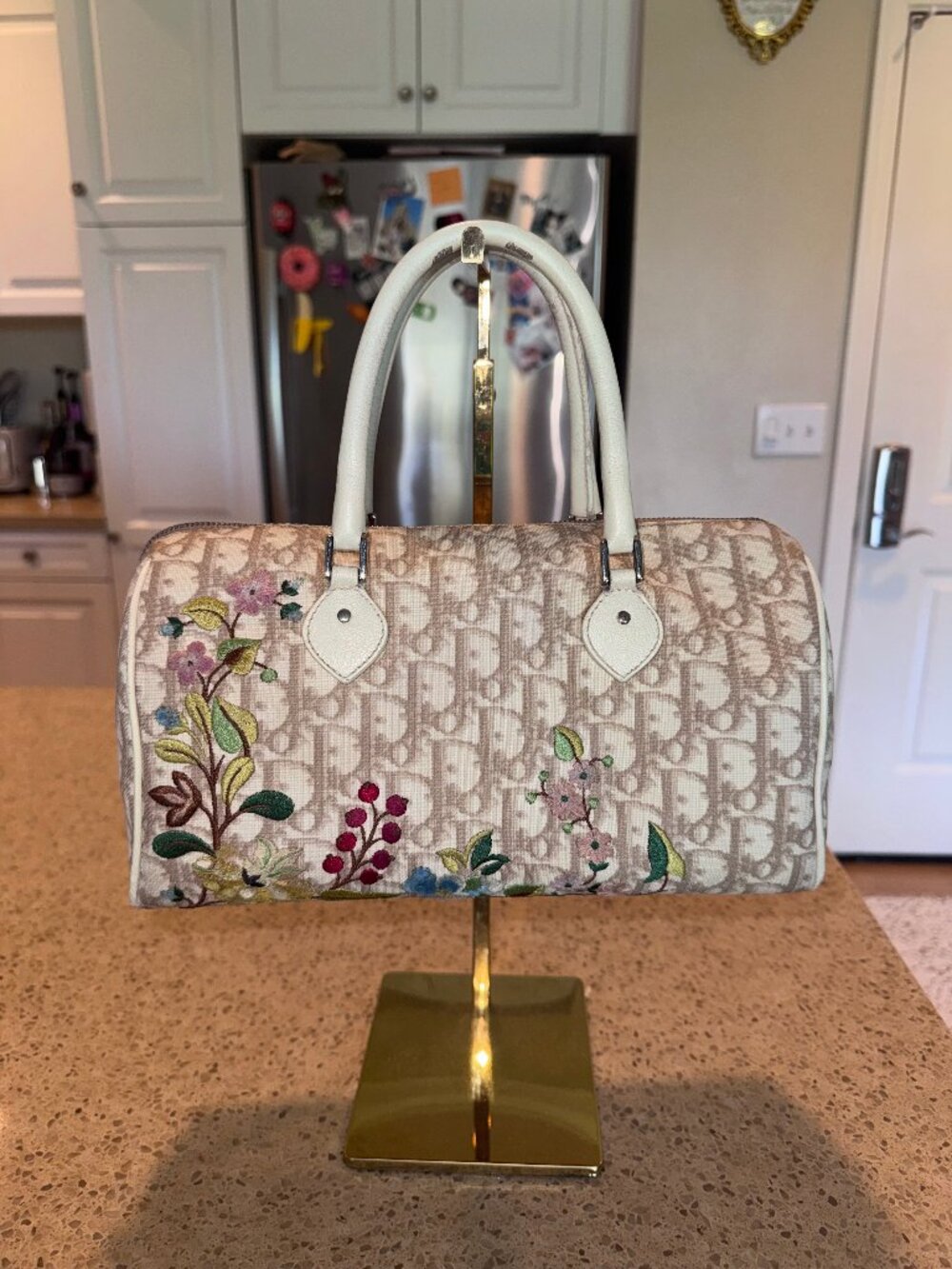 Vintage Dior Trotter Floral Embroidery Canvas Boston Bag